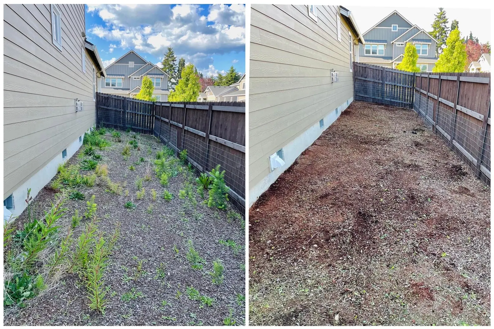 Bark mulch planting bed shaped along a new fence line